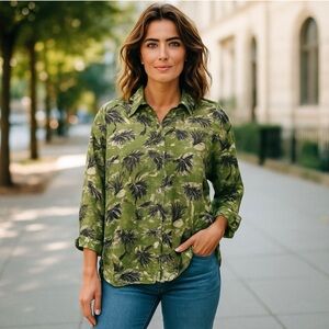 Tahari 100% Linen Shirt Green Palm Tree Print Tropical Resort Beach Size L